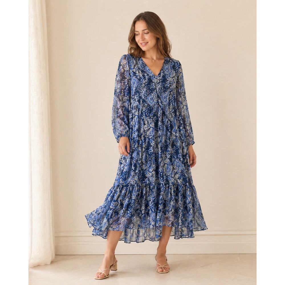 Joie Parisian Paisley Long Sleeve Tiered Midi Dress Medium